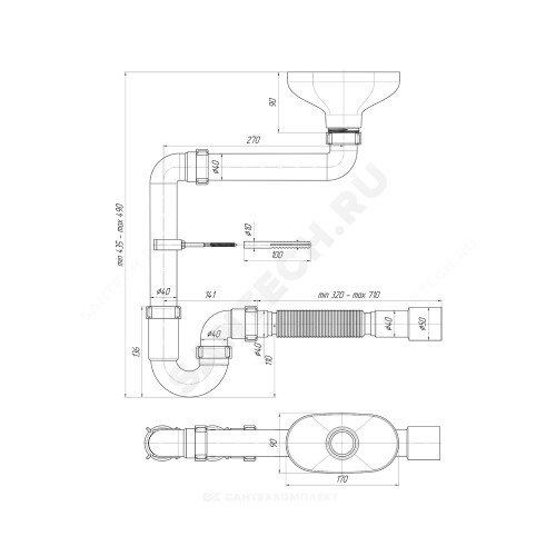 Сифон труб разрыв струи смещ 1 1/2''x40 гофр 40х40/50 вып/воронка АНИ Пласт DR5015