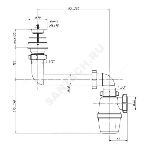 Сифон умыв/мойка бут 1 1/2"x40 со смещенным сливом нерж/сетка Орио К-4003