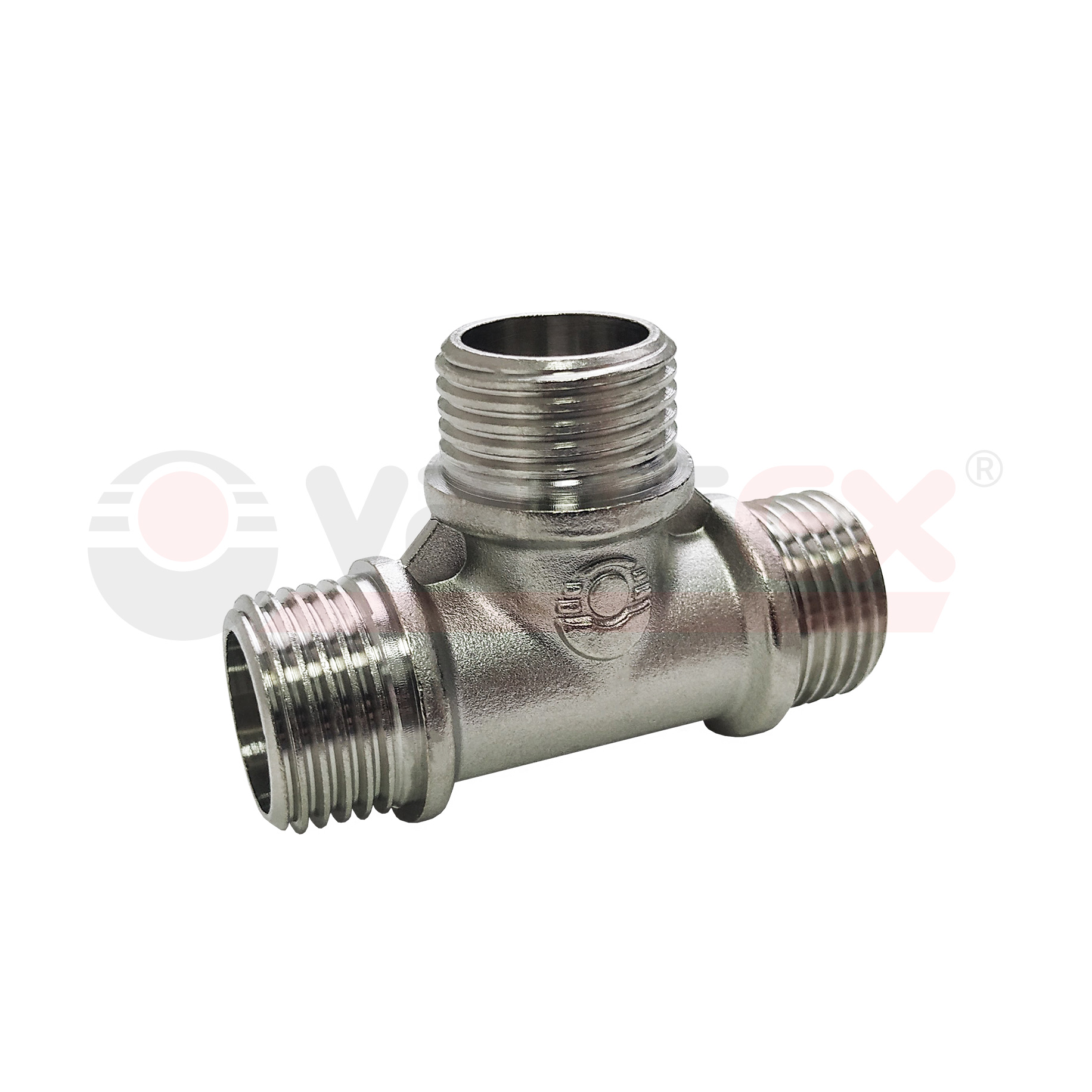 Тройник НИКЕЛИРОВАННЫЙ переходной с наружной резьбой VALFEX НР1/2"хНР3/4"хНР3/4" (70/10)