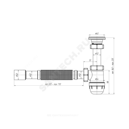 Сифон умыв бут 1 1/4"x32 гофр 32х32/40 нерж/сетка АНИ Пласт BM1015