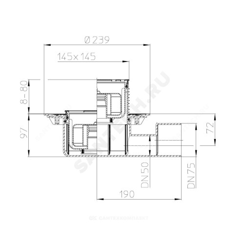 Трап рег гор/вып сух/затв Дн50/75 нерж/реш 138х138мм HL HL5100Pr