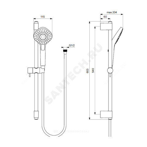 Гарнитур/душ EVO DIAMOND L3 штанга 600мм+шланг+лейка 3реж Ideal Standard B2234AA