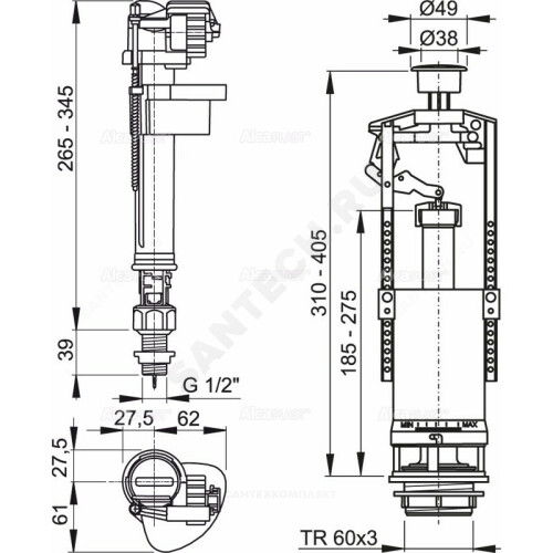 Арматура д/бачка набор н/под хр кноп 1реж Alca SA2000S 1/2" CHROM
