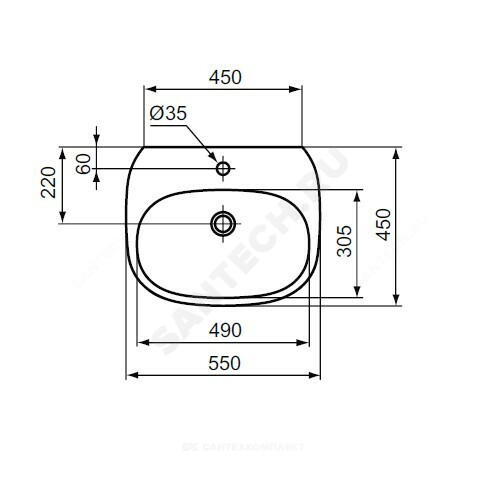 Умывальник TESI 55 1/отв 2/вел б/к Ideal Standard T352301