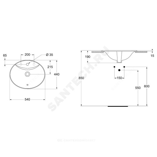 Умывальник врезной OCEANE 54 1/отв 2/вел б/к Ideal Standard W306301