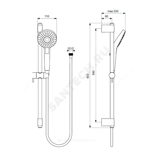 Гарнитур/душ EVO ROUND L3 штанга 600мм+шланг+лейка 3реж Ideal Standard B2233AA