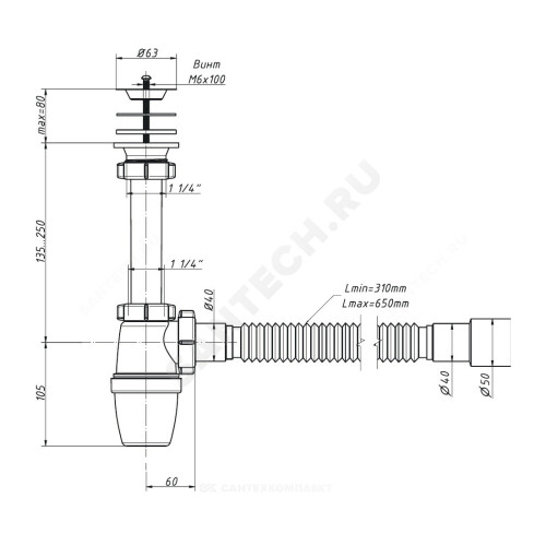 Сифон умыв бут 1 1/4"x40 гофр 40х40/50 нерж/сетка Орио А-32059