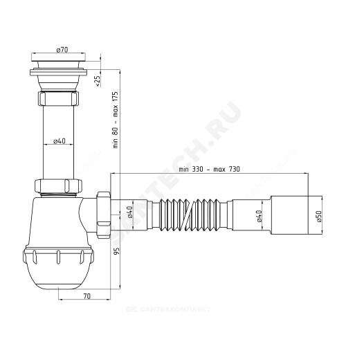 Сифон умыв/мойка бут 1 1/2"x40 гофр 40х40/50 нерж/сетка АНИ Пласт A0115