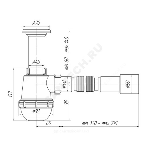 Сифон мойки бут лит/вып 1 1/2"x40 гофр 40х40/50 нерж/сетка АНИ Пласт A0515